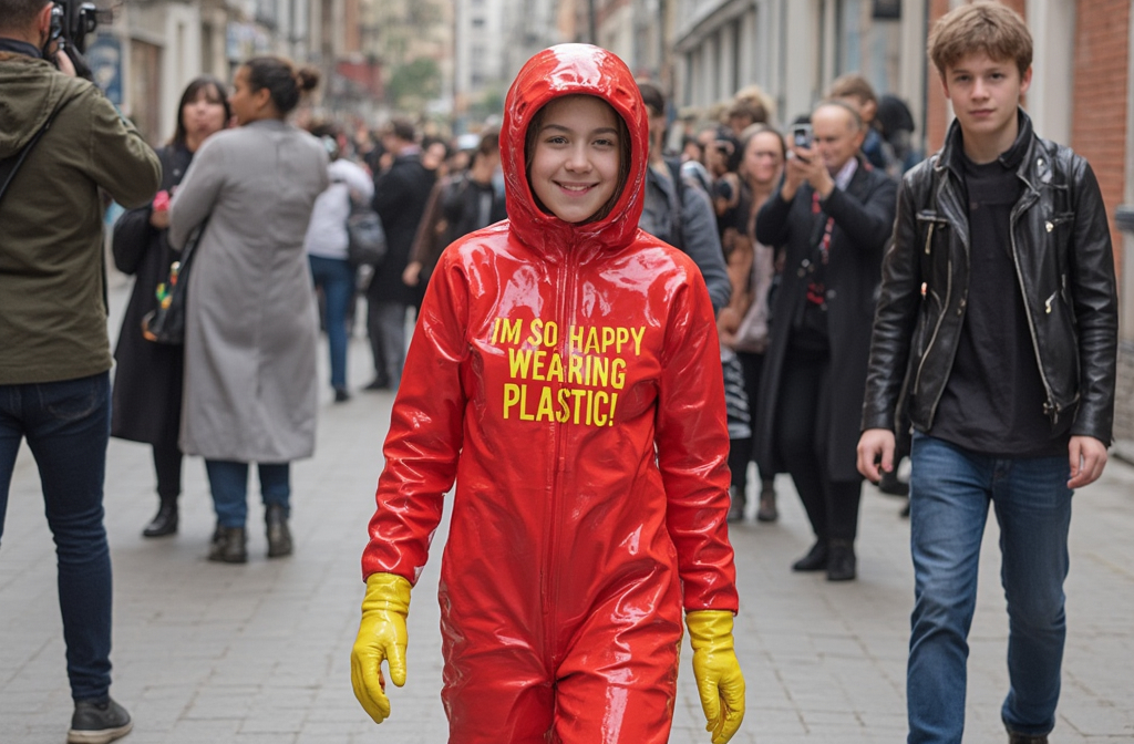 Prompt: ein glückliches teen mädchen,ihr Körper steckt komplett in einem glänzenden roten Plastik Ganzanzug mit gelbem aufdruck " I`M SO HAPPY WEARING PLASTIC ! "sie trägt glänzende gelbe Plastik Handschuhe,sie trägt glänzende gelbe PVC Stiefel,sie läuft mit einer freundin in alltags Kleidung in einer Stadt,sie wird fotografiert von manchen leuten mit handies