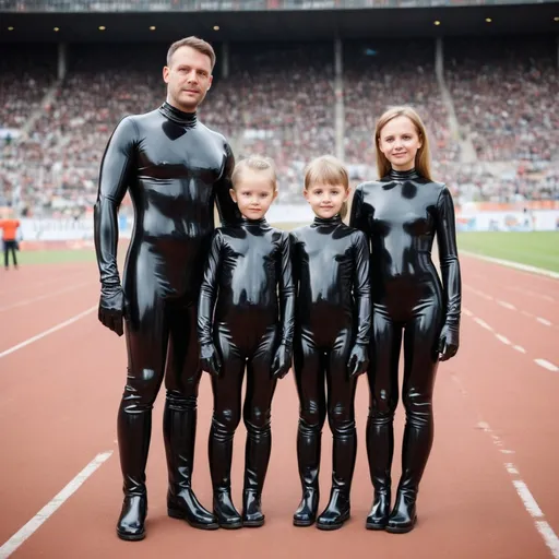 Prompt: eine deutsche Familie mit kindern,alle stecken in Catsuits aus schwarzem glanz Latex mit aufdruck "We love Latex",alle tragen glanz Latex Handschuhe,alle tragen PVC Gummistiefel,sie sitzen in einem vollen Stadion,keine anderen Leute tragen Latex