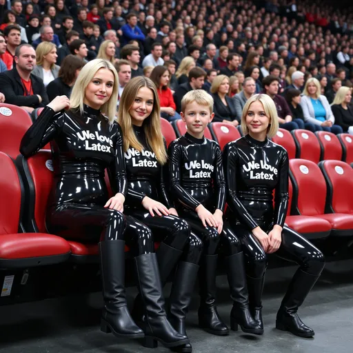 Prompt: eine deutsche Familie,alle stecken in Ganzanzügen aus schwarzem glanz Latex mit aufdruck "We love Latex",alle tragen Gummistiefel,sie sitzen in einem vollen Stadion