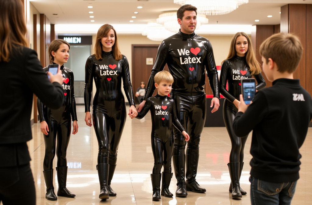 Prompt: eine deutsche Familie mit Kindern und Eltern,alle stecken in Catsuits aus schwarzem glanz Latex mit aufdruck "We love Latex",alle tragen Latex Handschuhe,alle tragen PVC Gummistiefel,sie werden fotografiert von Leuten in einer Hotel lobby,keine anderen Leute tragen Latex