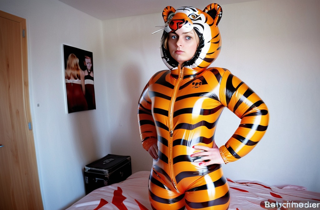 Prompt: deutsches mädchen,sie steckt komplett in einem aufgeblasenen PVC Tiger Anzug,steht in ihrem Zimmer