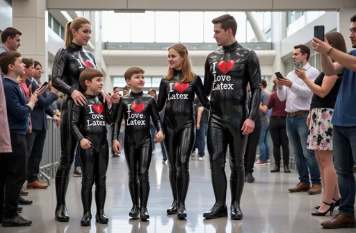 Prompt: eine deutsche Familie mit Kindern und Eltern,alle stecken in Catsuits aus schwarzem glanz Latex mit aufdruck "We love Latex",alle tragen Latex Handschuhe,alle tragen PVC Gummistiefel,sie werden fotografiert von Leuten mit Handies in einer Airport Lobby,keine anderen Leute tragen Latex