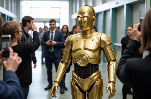 Prompt: ein deutsches mädchen,sie steckt in einem C3PO glanz PVC Kostüm,sie läuft durch eine Schule,Sie wird von schülern mit Handies fotografiert,zeige ihren ganzen körper