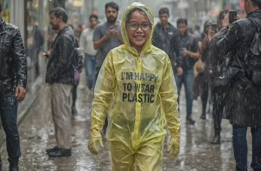 Prompt: ein glückliches junges mädchen mit Brille,ihr Körper steckt komplett in einem sehr nassen gelben transparentem Plastik Ganzanzug mit aufdruck " I`M HAPPY TO WEAR PLASTIC ",sie trägt Plastik Handschuhe,sie trägt glänzende PVC Stiefel,ihr gesicht ist sehr nass,sie läuft durch eine Stadt bei heftigem regen,sie wird fotografiert von manchen leuten mit handies,zeige ihren ganzen körper,