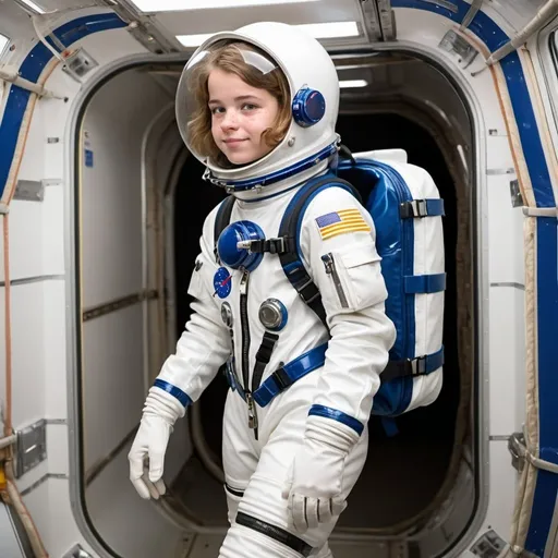 Prompt: german girl,age 14,freckles,short Hair,show her  face,wearing a glossy thick PVC Astronaut Suit with Gloves,Glossy PVC Astronaut Helmet with closed Visor,wearing a big PVC Space Backpack,Glossy thick PVC Space Boots,walking in an international Space Station,show her complete teen body from left side,