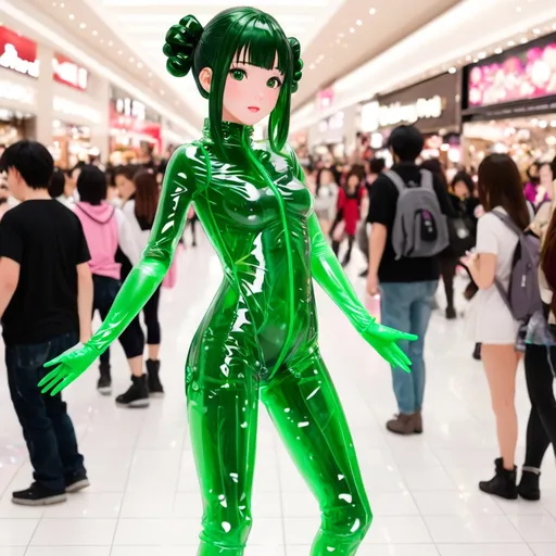 Prompt: japanese girl,her complete body is covered in a transclear green PVC Suit with PVC Gloves,nothing underneath,wearing glossy PVC Boots,strolling in a crowded japanese Mall,show her normal height,