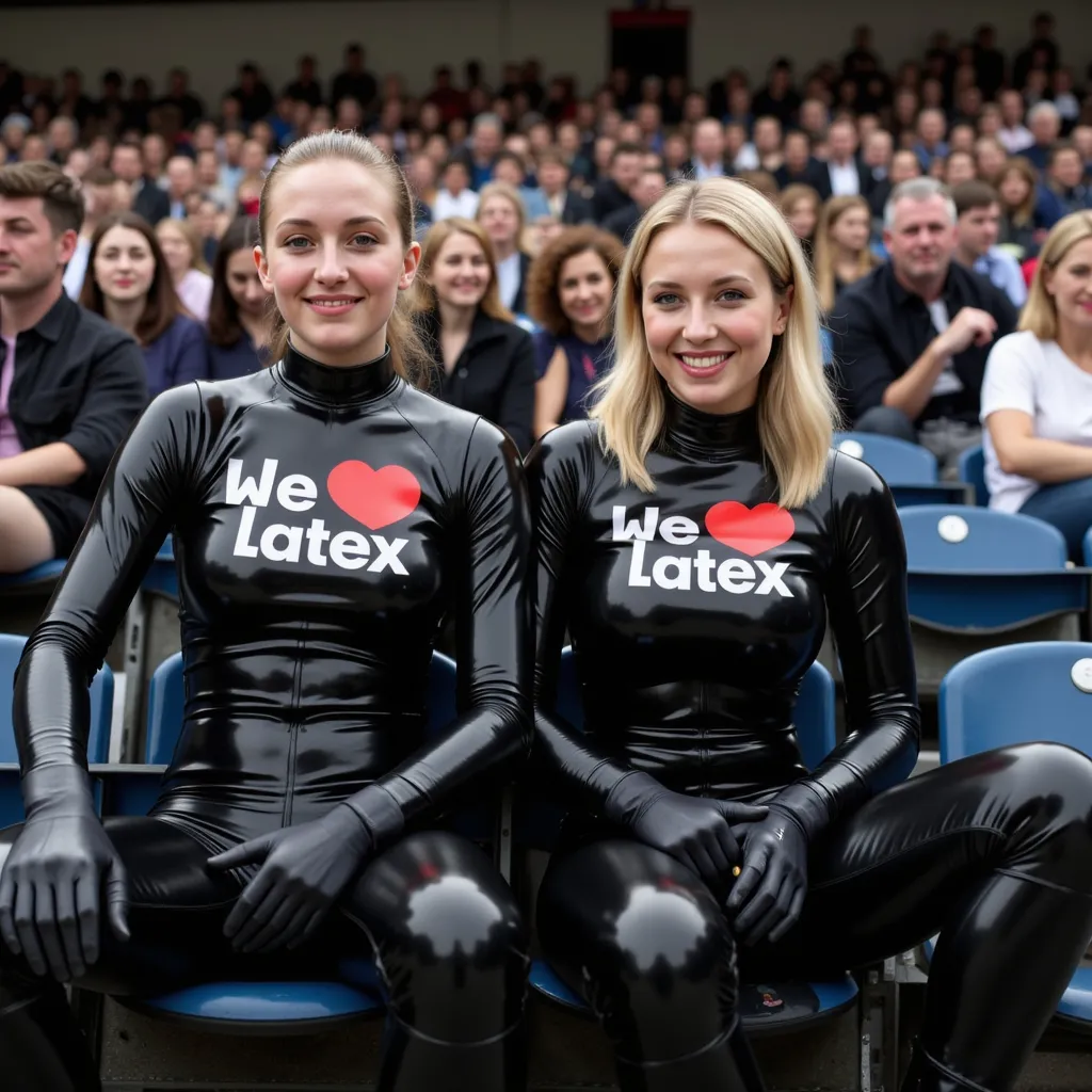 Prompt: eine glückliche deutsche Familie,alle stecken in Catsuits aus schwarzem Latex mit aufdruck "We love Latex",alle tragen Latex Handschuhe,alle tragen PVC Gummistiefel,sie sitzen in einem vollen Stadion,keine anderen Leute tragen Latex