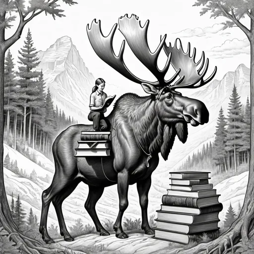 Prompt: a black and white line drawing of a teacher holding a compass in one hand and a bundle of books in the other arm while riding a moose