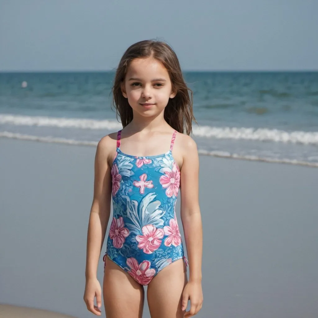 Prompt: young girl on the beach in swimsuit