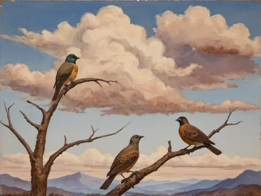 Prompt: a painting of two birds . One sitting on a tree branch with a sky background of muddy colour, some columbus clouds brwn colour and a range of mountains and plateus behind it,Clara Miller Burd, american scene painting, birds, an oil painting 