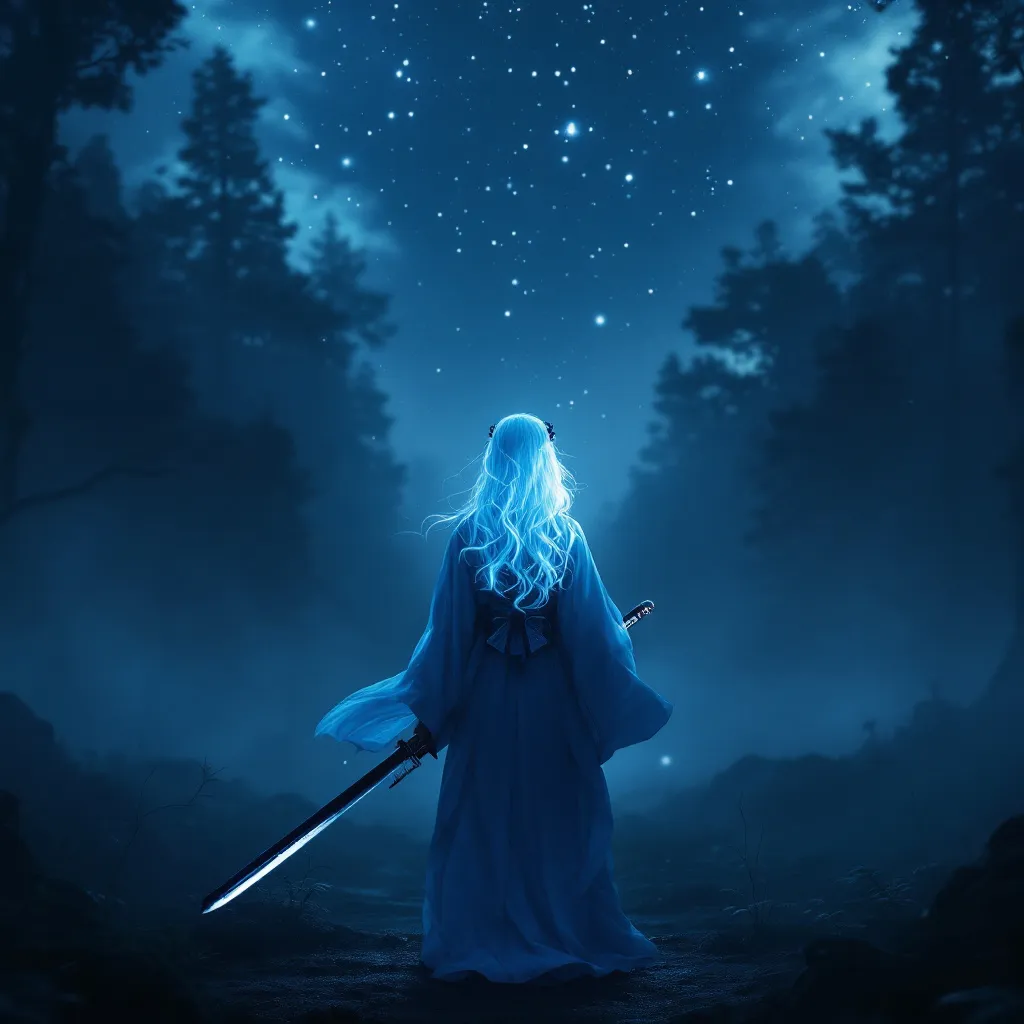 Prompt: From a distance a person in a dark forest setting, ice blue hair and eyes glowing in the moonlight, wearing an ethereal light blue kimono, holding a beautifully crafted katana, surrounded by misty surroundings, starry night sky above, deep shadows creating a mysterious atmosphere, enchanting and captivating ambiance, ultra-detailed, 4K quality, cinematic composition.