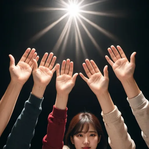 Prompt: 
Five or six people are raising their palms towards the light above. I want everyone to stand in a line in one direction. Only the hand needs to appear in the picture. Everyone is wearing different types of clothes. I wish the hands were young Korean men and women.