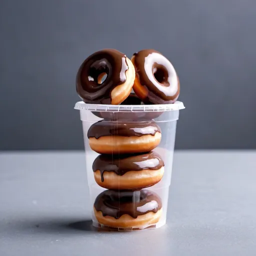Prompt: Mini donuts with chocolate in a plastic cup
