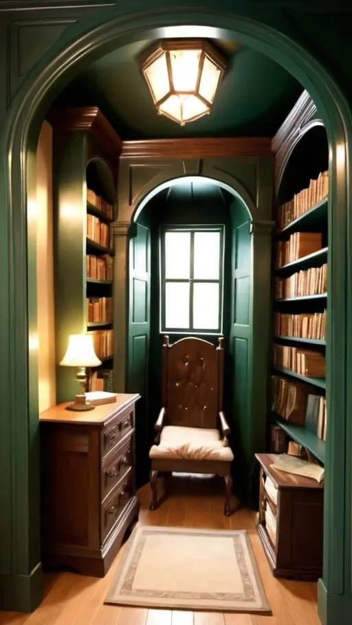 Prompt: A book nook based off the professor’s house in the chronicles of narnia. There must be the wardrobe and a mirror. The book nook must look like something that could realistically be crafted.