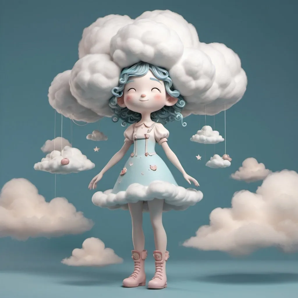 Prompt: A three-dimensional character, full-body shot, depicting a whimsical personification of a cloud artist brimming with dreamy imagination