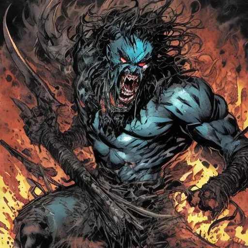 Prompt: Scourge is a animalistic killer that is out for revenge for who killed his wife. He has fangs and is very strong.

(Art by Jim Lee)