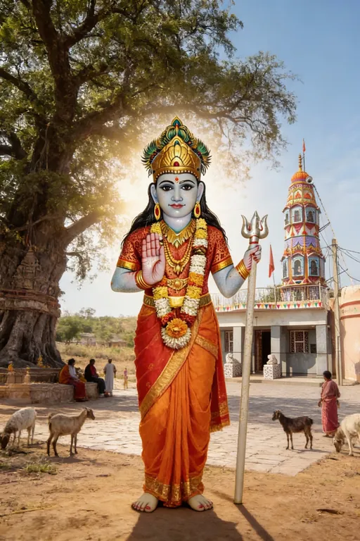 Prompt: Create a realistic divine image of Shri Gigai Mata, inspired by Rajasthani folk goddess traditions.
Use the old Rajasthan temple photo for a historic rural background with a sacred tree and Use image 3 as temple
Use the goddess statue reference for facial features, posture, ornaments, and divine presence.

Shri Gigai Mata is standing, right hand in blessing (abhaya mudra), left hand holding a trishul (make them real).
Wearing traditional red/orange Rajasthani attire, golden crown, floral garlands, calm smiling face, compassionate eyes.

Ultra-realistic devotional, cinematic lighting, warm tones, soft divine glow, peaceful and powerful mood, no modern elements, high detail, 4K quality.