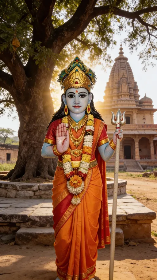 Prompt: Create a realistic divine image of Shri Gigai Mata, inspired by Rajasthani folk goddess traditions.
Use the old Rajasthan temple photo for a historic rural background with a sacred tree and stone platform.
Use the goddess statue reference for facial features, posture, ornaments, and divine presence.

Shri Gigai Mata is standing, right hand in blessing (abhaya mudra), left hand holding a trishul.
Wearing traditional red/orange Rajasthani attire, golden crown, floral garlands, calm smiling face, compassionate eyes.

Ultra-realistic devotional art, cinematic lighting, warm tones, soft divine glow, peaceful and powerful mood, no modern elements, high detail, 4K quality.
