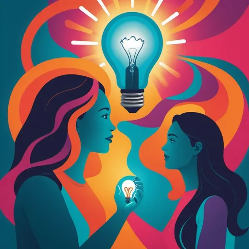 Prompt: A vibrant abstract image representing A woman consulting with a healthcare professional with a lightbulb illuminating a woman's face or a path forward and a flowing ribbon or wave representing resilience and recovery