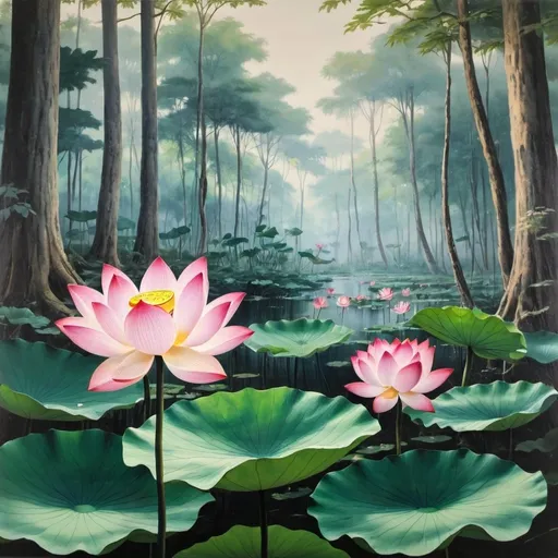 Prompt: A painting of lotus flowers in the forest
