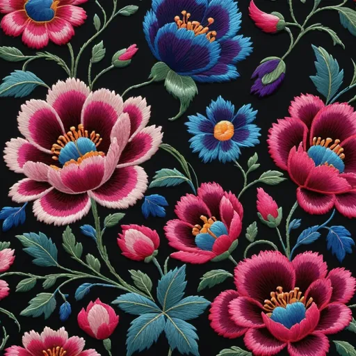 Prompt: a close up of a bunch of flowers on a table cloth with a black background and a few pink, purple, and blue flowers, Annabel Kidston, cloisonnism, art nouveau fashion embroidered, a cross stitch