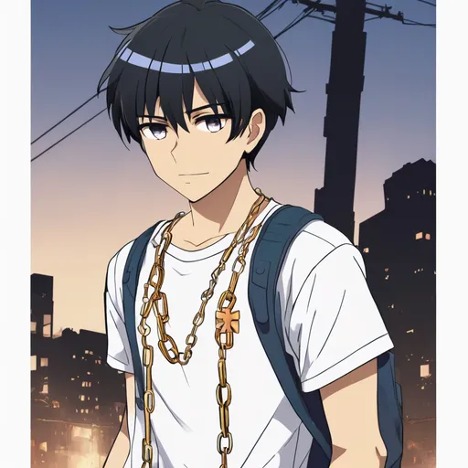 Prompt: young adult latino anime boy named leo, wearing white t shirt and cross chain