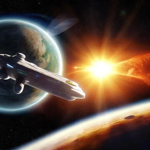 Prompt: A starship orbiting the sun with earth in background.