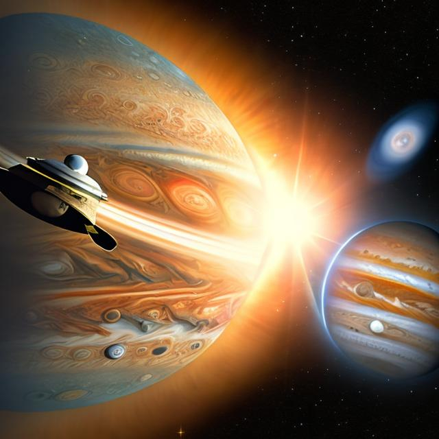 Prompt: Create a Star field with uss enterprise ncc 1701 flying by Jupiter with sun in background.