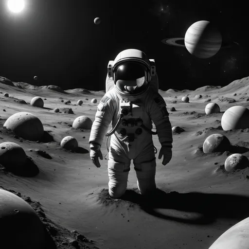 Prompt: An ultra realistic picture of a lonely astronaut in a lonely solar system of Black And white planets