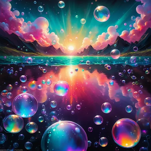 Prompt: (oil spill), bubbles in the sky, dramatic contrast between dark and iridescent tones, lush and vivid bubble colors, dynamic lighting, visually striking, ethereal atmosphere, surreal ambiance, vast open sky background, intricate reflections and shadows, dreamlike scenery, high resolution, ultra-detailed, cinematic quality, vibrant scheme, high depth details, award-winning artistry.