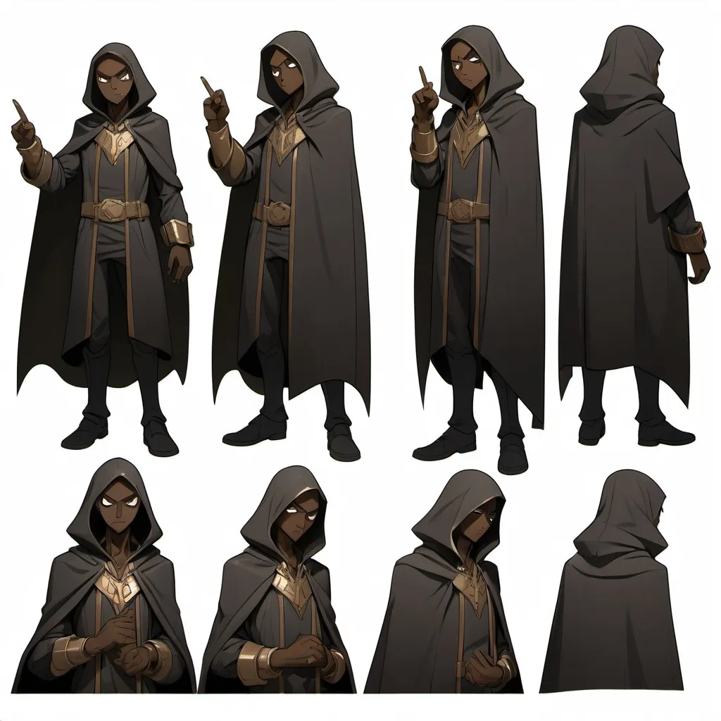 Prompt: A character sheet showing a human character with bronzed skin, wearing dark clothing and a cloak, in two different poses per image with expressive, anime-style facial expressions. The character has a mysterious, intense look, and each pose shows a different emotion, such as serious with crossed arms, surprised with one hand raised, or confident while pointing forward. The facial expressions are drawn in a Japanese anime style, with large, expressive eyes and distinct mouth shapes that convey emotion. The background is plain and neutral to keep the focus on the character. The art style includes rich shading, detailed clothing folds, and dynamic anime-style highlights
