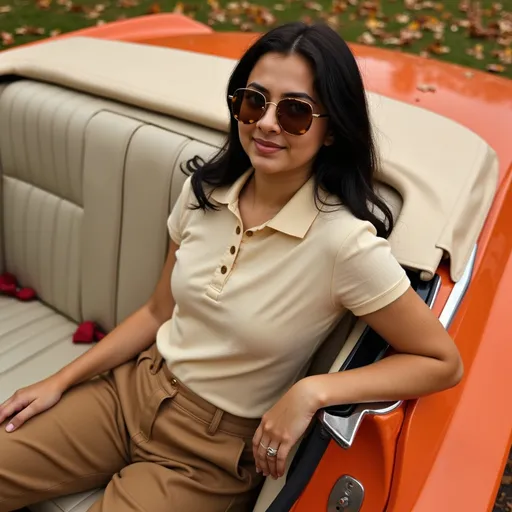Prompt: A top view photo of an Tisanwearing a beige tricot polo shirt, brown linen pants, round tortoiseshell sunglasses, with small golden rings on one finger. Tisan has black hair and is looking at the camera. Tisan is sitting inside an orange convertible with ivory car seat. The background features in autumn colors. Photograph in the style of David LaChapelle.



