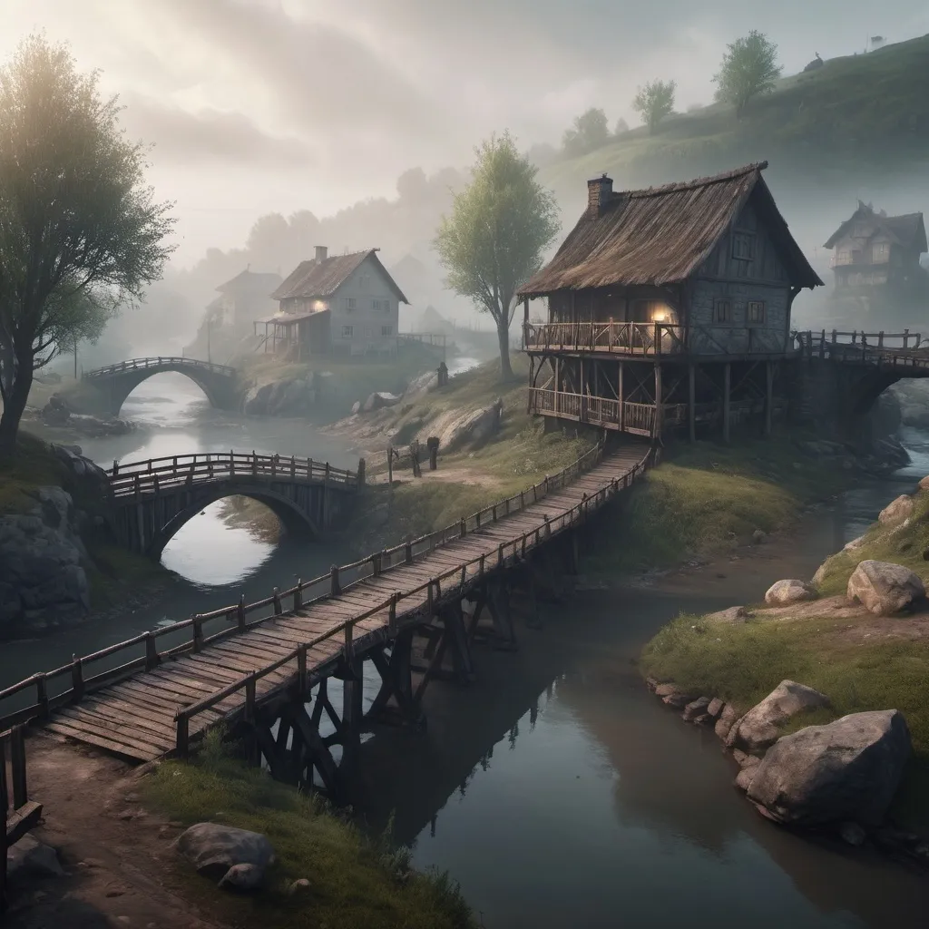 Prompt: small settlement, foggy, bridge and river, dramatic fantasy settlement scene, cinematic lighting, special forces