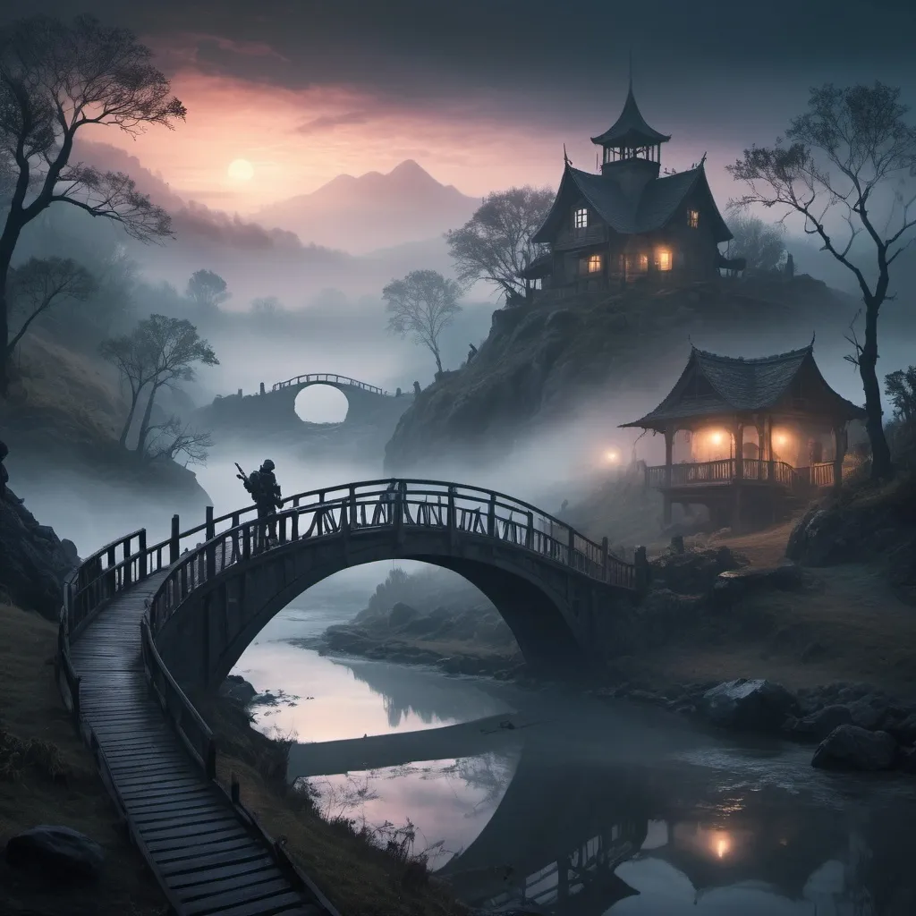 Prompt: small settlement, foggy, bridge and river, dramatic fantasy settlement scene, cinematic lighting, special forces