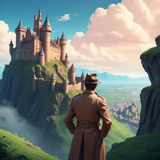 Prompt: A detective enjoying the beautiful view of a castle at another world