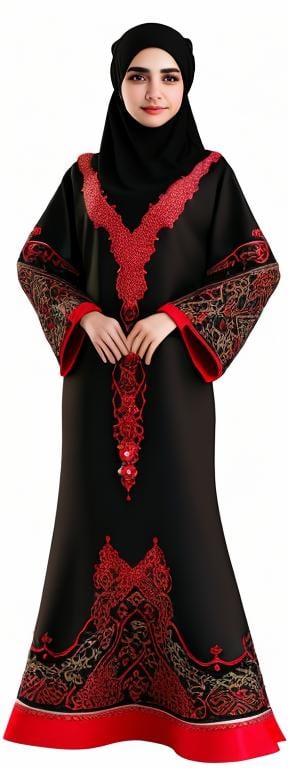 Prompt: 3D arab girl wearing hijab, black traditional thoub, embroidery in dark red
