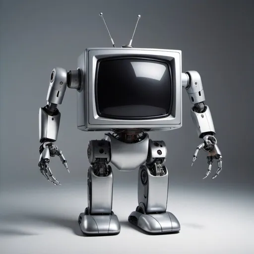 Prompt: a robot with a tv head and a very strong body