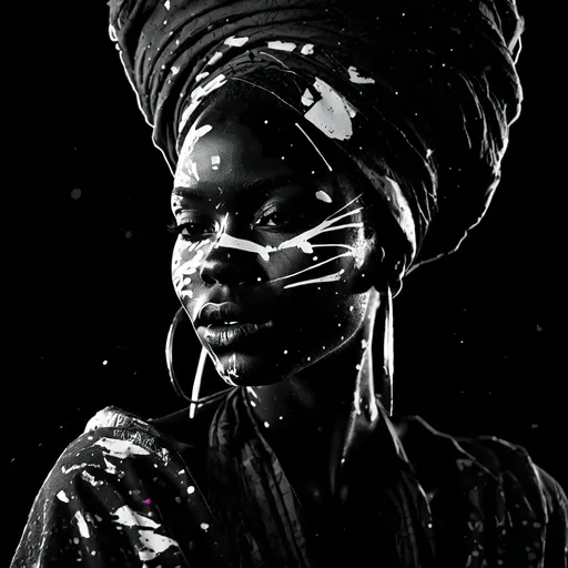 Prompt: Modern art portrait African woman in traditional clothing, black & white paint splattering, synthwave, backlighting, dark, fantasy