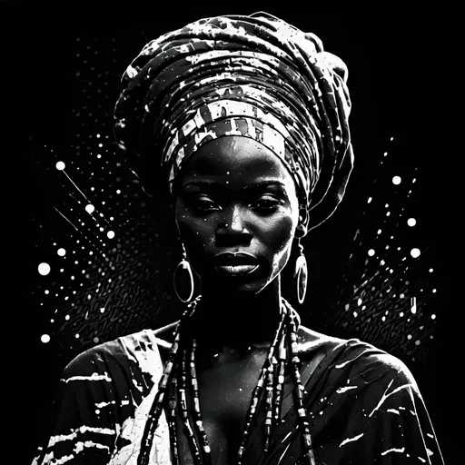 Prompt: Modern art portrait African woman in traditional clothing, black & white paint splattering, synthwave, backlighting, dark, fantasy