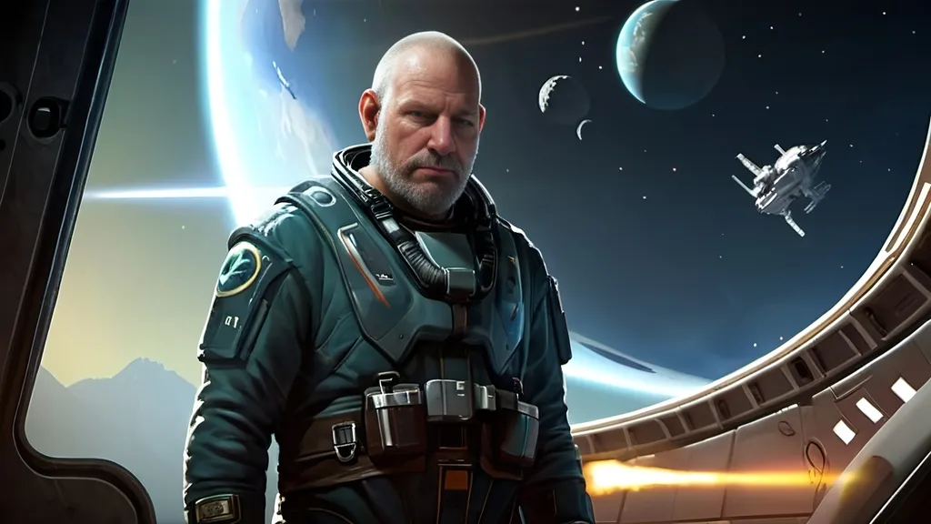 Prompt:  Focus on face similarity to the face reference , very long grey beard down to his neck, a man in a space suit standing in front of a space station with a spaceship in the background and a distant planet in the background, Eve Ryder, space art, star citizen halo, a character portrait