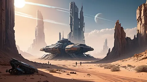 Prompt: Create a futuristic science fiction image,  in the style of Star Citizen, of ruined buildings on a desert planet, ultra-detailed,  ultra realistic.