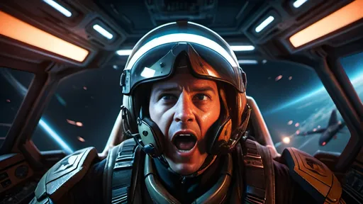 Prompt: photorealistic, (high resolution), (ultra-detailed), a man in a cockpit, screaming in terror, with intensity, cockpit instruments clearly visible, dynamic lighting capturing the excitement, dramatic shadows cast across his focused face, the atmosphere filled with tension, background hinting at flight action, emphasizing the thrill of aviation.