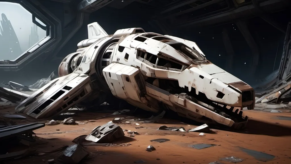 Prompt: (cinematic depiction of a crashed spaceship), (rusted and broken), (Star Citizen style), intricate details of debris scattered across the ground, a striking faded white wolf face painted on the side, moody atmosphere, dramatic lighting emphasizing shadows, high-quality 4K resolution, rich textures showcasing age and deterioration, creating a mysterious and haunting vibe.