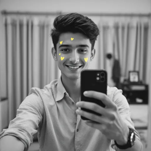 Prompt: In a mirrored space, a young man captures a selfie, exuding confidence with a slight, playful smile. He sports a patterned light-colored shirt, and the monochromatic ambiance of the image is accentuated by the vibrant yellow heart doodles adorning his face, adding a whimsical touch to his expression. Behind him, a softly blurred background reveals a neatly arranged room with curtains and personal items, hinting at a casual indoor setting. The focus centers on him, with soft lighting casting a cool tone throughout, contributing to a lighthearted and cheerful mood, inviting viewers into a moment of self-expression and creativity.