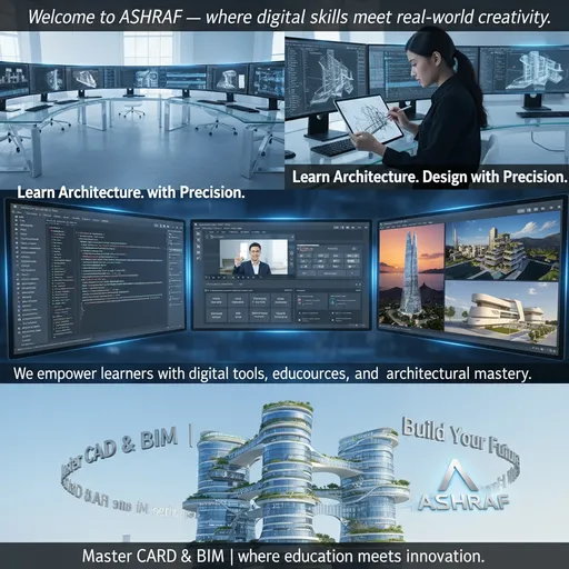 Prompt: 

Scene 1: 
A sleek modern workspace appears — glowing computer screens display CAD and BIM models. 
Voiceover: “Welcome to ASHRAF — where digital skills meet real-world creativity.”

Scene 2:
Cut to a young architect sketching a building concept, then switching to 3D modeling software. 
Text overlay: “Learn Architecture. Design with Precision.”

Scene 3:
Fast-paced transitions show coding, online learning, and architectural visualizations in motion.  
Voiceover: “We empower learners with digital tools, educational resources, and architectural mastery.”

Scene 4:
A finished building animation spins into view — bright, inspiring.  
Text overlay: “Master CAD & BIM | Build Your Future”

Scene 5:
Logo of ASHRAF appears with upbeat background music.  
Voiceover: “Join ASHRAF today — where education meets innovation.”

Style: Modern, tech-inspired, motivational.  
Color theme: White, blue, and silver accents.  
Tone: Energetic, professional, and inspiring.
Aspect ratio: 16:9 (for YouTube or web ad).
Duration: 45 seconds.

