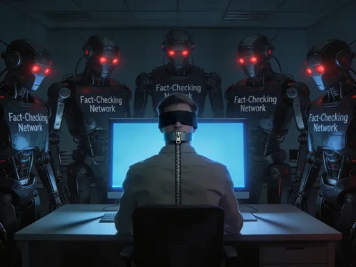 Prompt: A man sitting by his computer is censored   Artificial machines and bots carrying the name Fact-Checking Network. His mouth is zipped and he is blinded byt blindfolds.