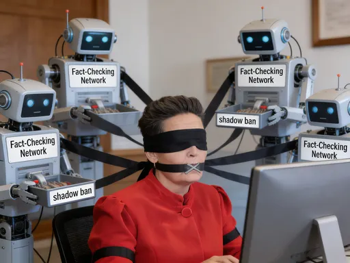 Prompt: A womanman sitting by his computer is censored by both Artificial machines and bots carrying the name Fact-Checking Network. His mouth is zipped and he is blinded byt blindfolds. The machines are fed by a bot carrying the name shadow ban