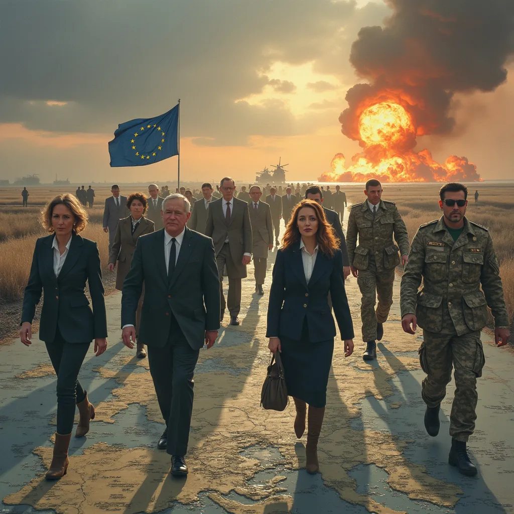 Prompt: A group of women and men depicted as civil servants, politicians, and army generals walking towards the economic Abyss. They are walking on Europe which is portrayed as a map with an EU flag on it. On the horizon we see a battle going on and a nuclear explosion. 