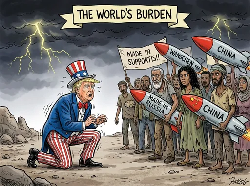 Prompt: A pictyre of Donald Trump as Uncle Sam on his knees tembling in horror when faced with the worlds poor and oppressed. At the horizon Lightning and thunder. His face expresses a dead anxiety. The poor and oppressed are armed with russian and chinese missiles