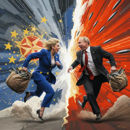 Prompt: Two persons, one Ursula von der Leyen dressed in NATO's and EUs colors and the other Vladimir Putin in  Russia's colors, running away turning their back to each other distancing themselves from the other. Their faces shows FEAR. They are visibly scared of each other. They are screaming out of fear and horror to avoid the confrontation. They are terrified. Each of them has a bag filled with missiles. The mutual fear leads to Ursula von der Leyen handing back an open bag stuffed with military hardware and missiles. Putin does the same, handing back a bag filled with weapons.